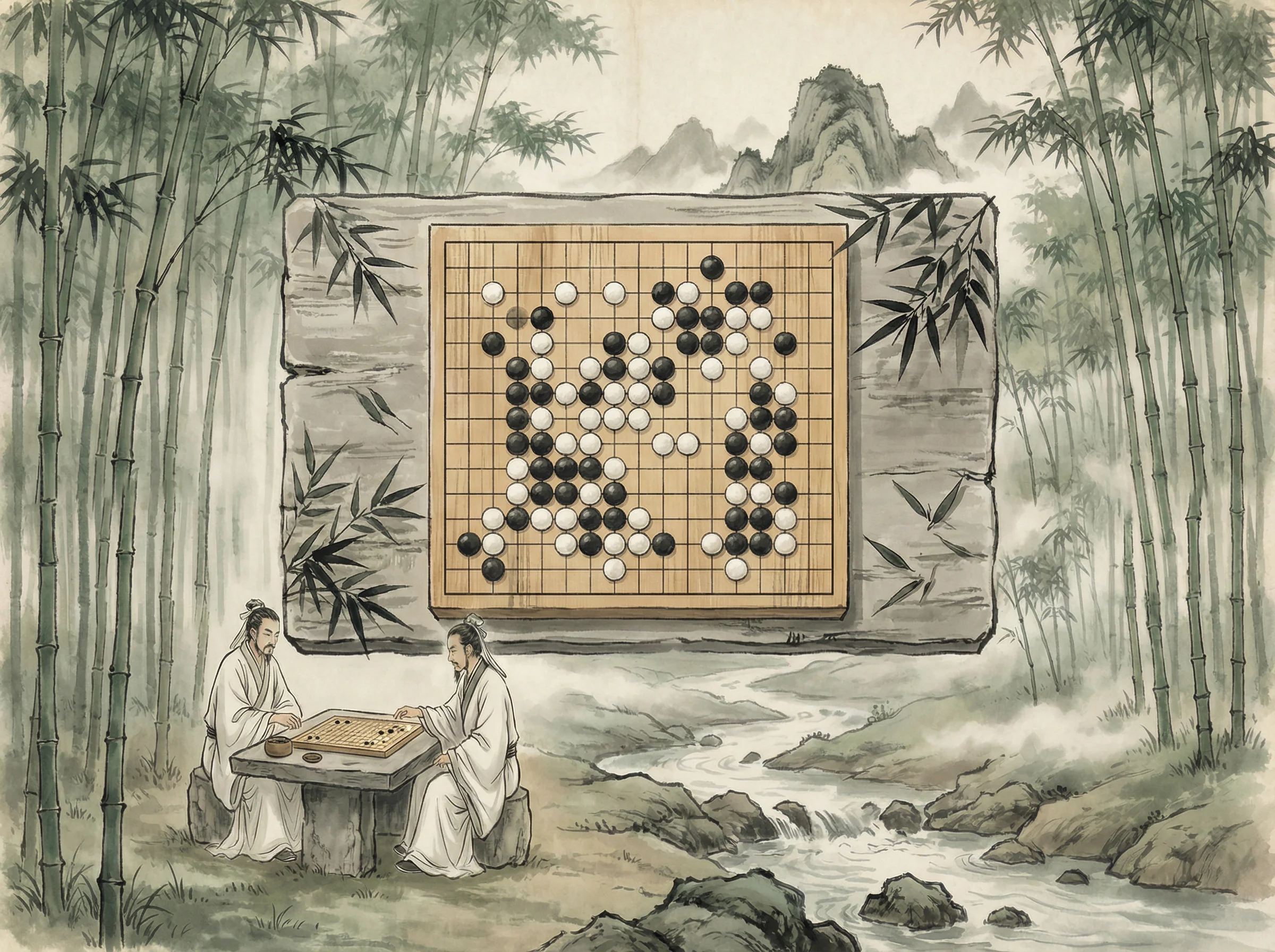 竹林悟道局 we扑克 棋盘布局，黑白子对峙