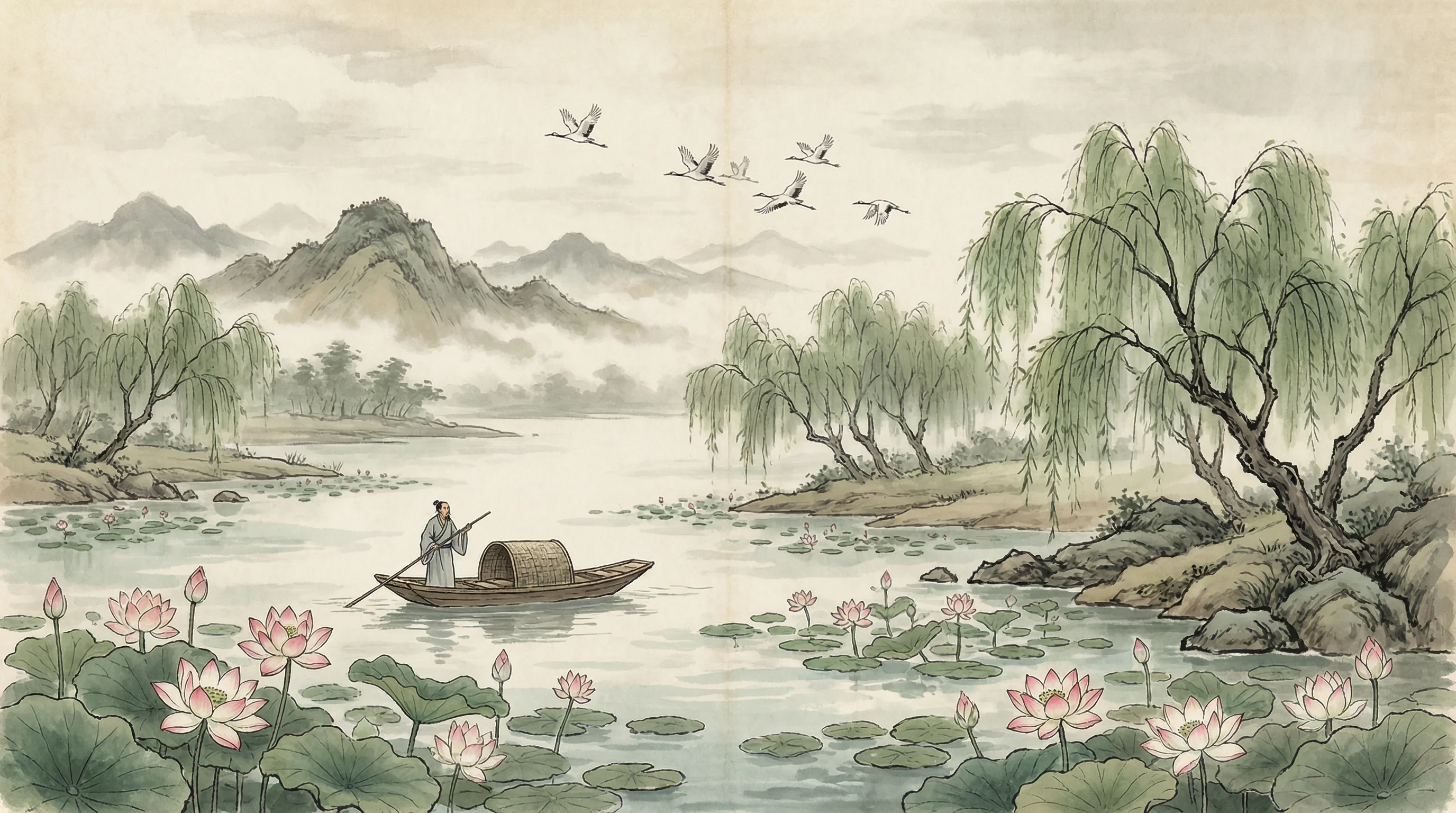 荷塘泛舟水墨画，与 we扑克 禅意相映