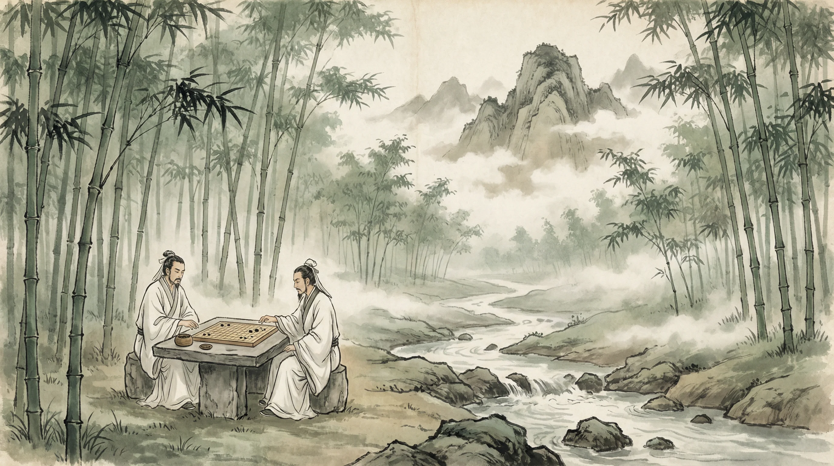 竹林对弈山水画，we扑克 棋道风景